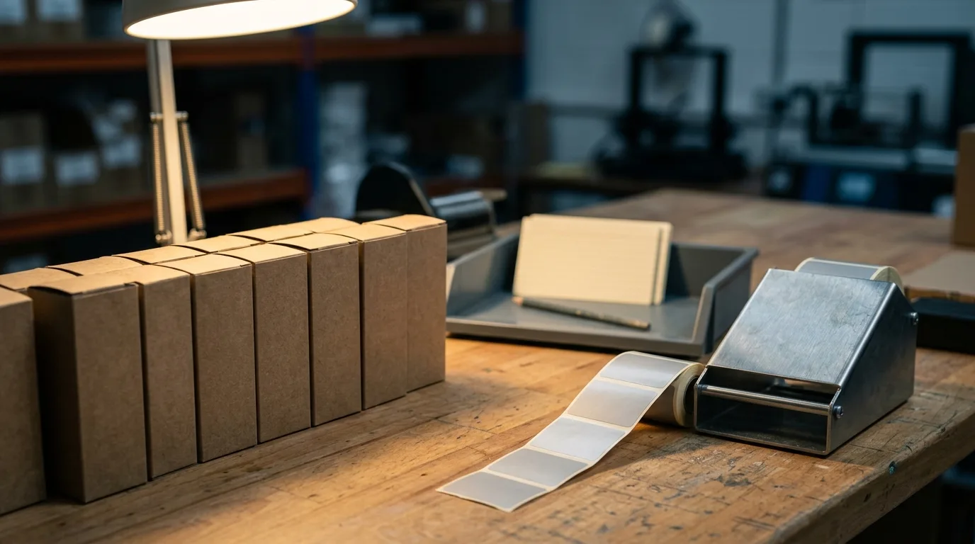 Blank vape cartons and abstract duty stamp strips arranged on a warm stockroom workbench.