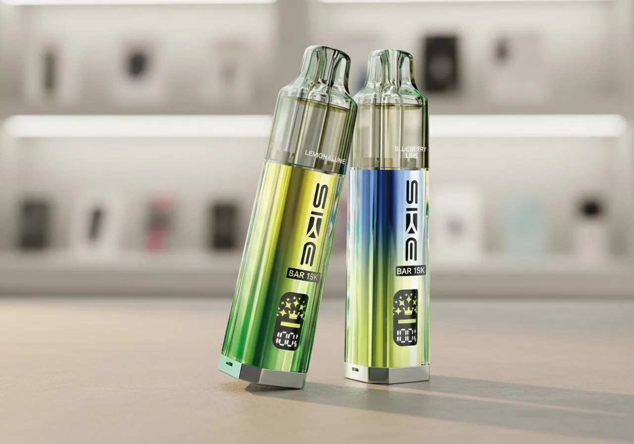 Two SKE BAR 15K devices, in Lemon&Lime green and blueberry aurora finishes, with the front LED battery indicators visible, photographed in a UK vape retailer interior.