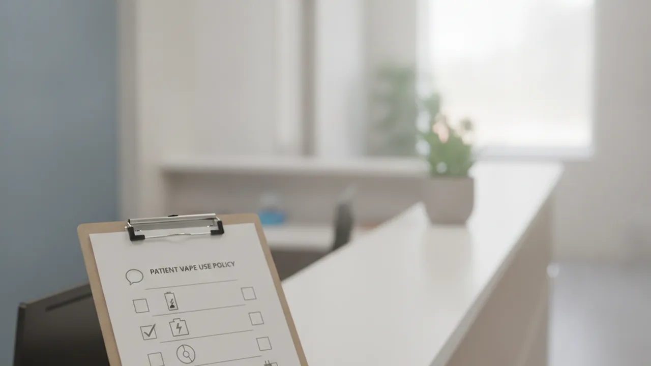 Neutral hospital reception clipboard showing a patient vape-use policy checklist for adult inpatients.