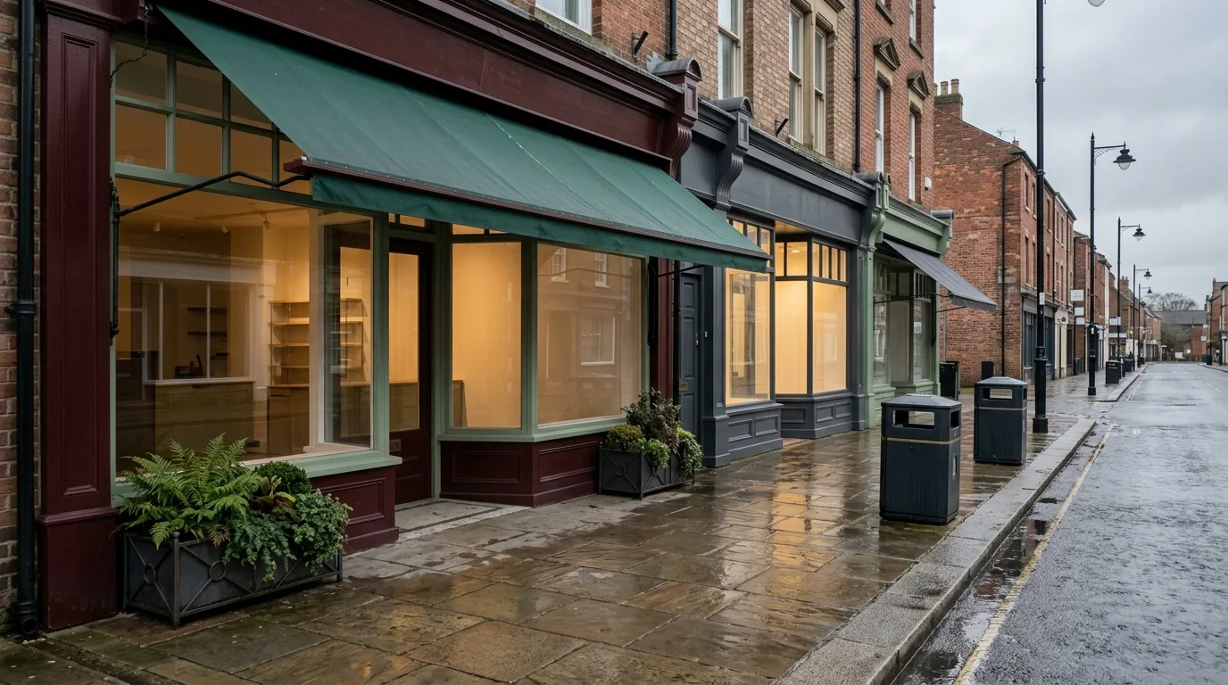 Tidy independent UK shopfronts after rain with planters and clear pavement space.