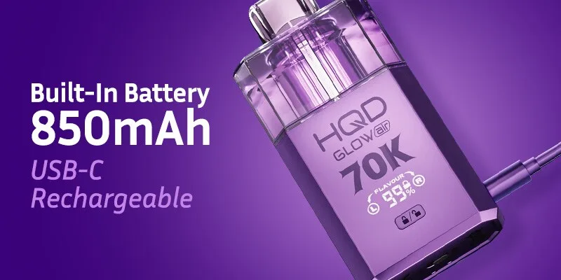 Real retailer product asset showing the HQD Glow Air 70K rechargeable battery and USB-C charging detail.