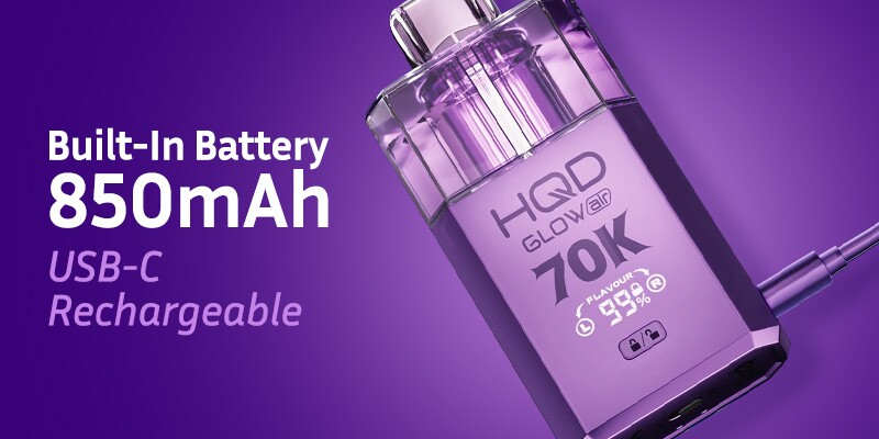 Real retailer product asset showing the HQD Glow Air 70K rechargeable battery and USB-C charging detail.