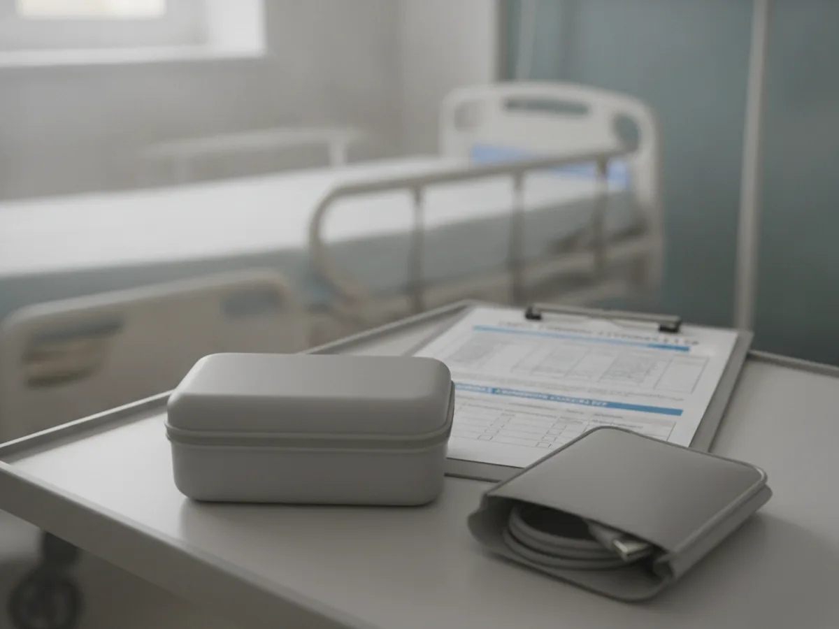 Hospital admission checklist with a closed unbranded storage case and cable pouch on a ward bedside trolley.