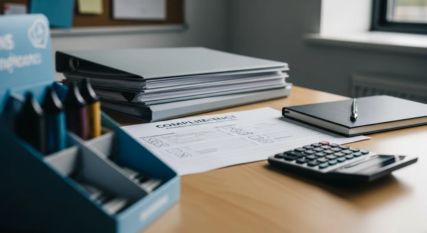 Top-down desk layout with printed timeline, sticky notes, clipboard, and compliance documents, illustrating regulatory planning and preparation.