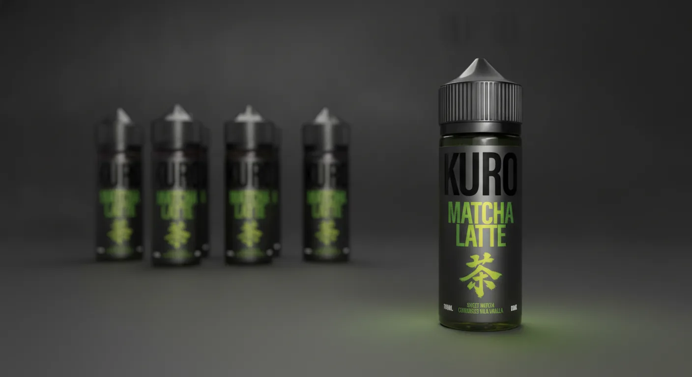 Designed editorial scene of a Riot Labs Kuro Matcha Latte 100ml shortfill bottle for format comparison.