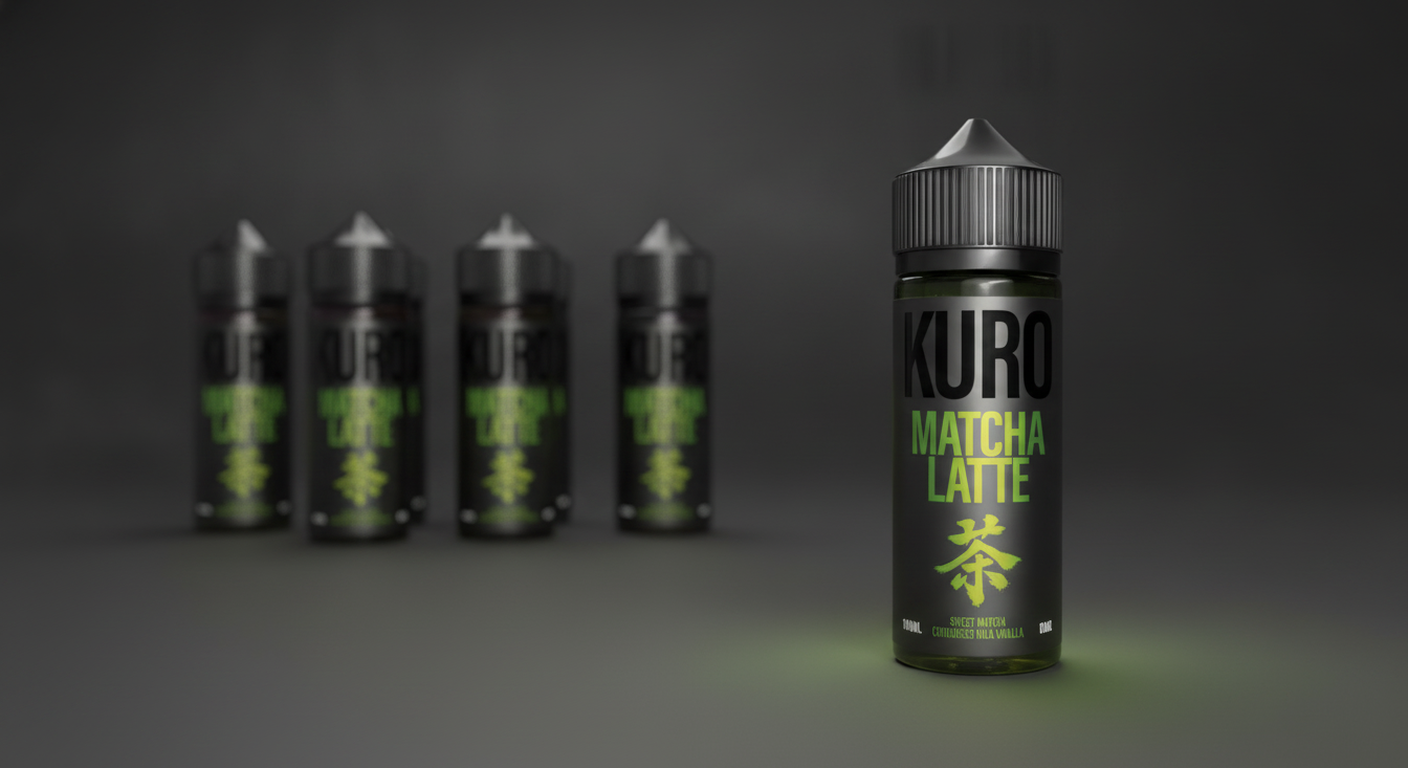 Designed editorial scene of a Riot Labs Kuro Matcha Latte 100ml shortfill bottle for format comparison.