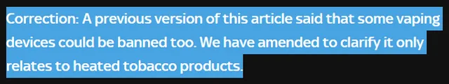 Sky News article correction — flavoured vapes could be banned headline retraction