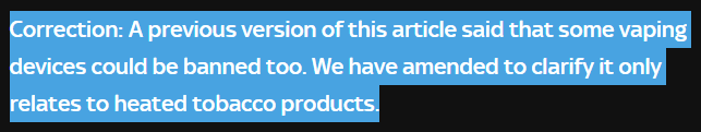 Sky News article correction — flavoured vapes could be banned headline retraction