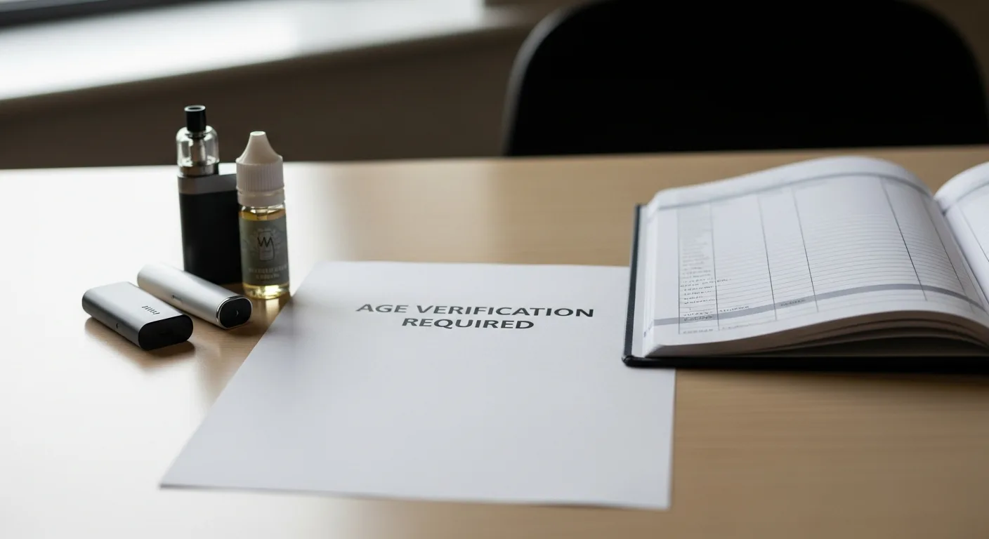 Adult-facing Scotland vape retail compliance scene with age-check notice, register paperwork and unbranded refillable vape products.