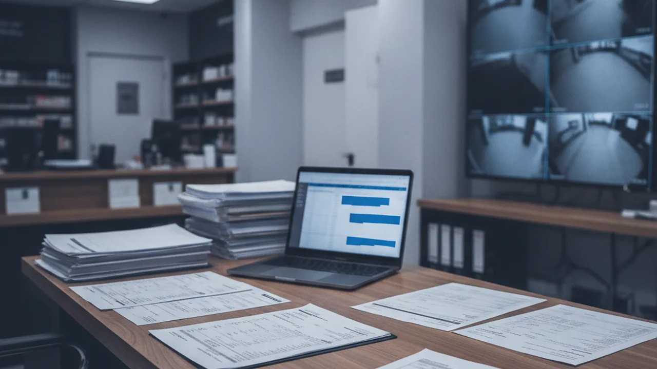 UK vape shop compliance paperwork, invoices and CCTV-style operations screens for an enforcement crackdown article