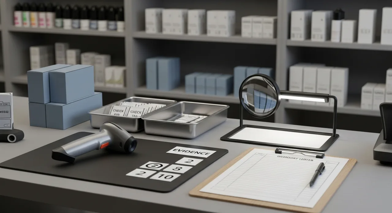 Editorial photograph of a UK vape shop shelf-control station with organized stock shelving, an anti-counterfeit check setup, and an inventory ledger workflow.
