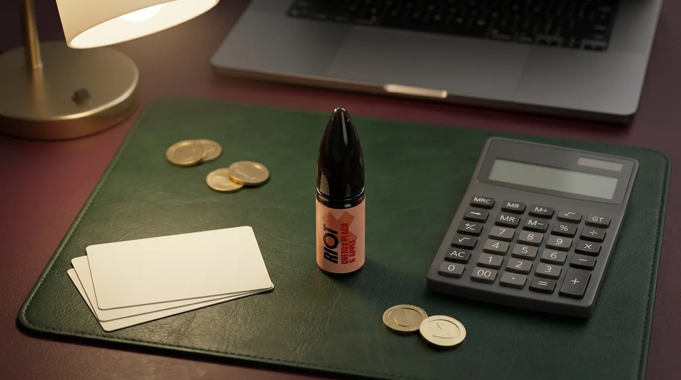 Riot X Cherry Peach Apple bottle on a dark green retail ledger with blank price-check props.