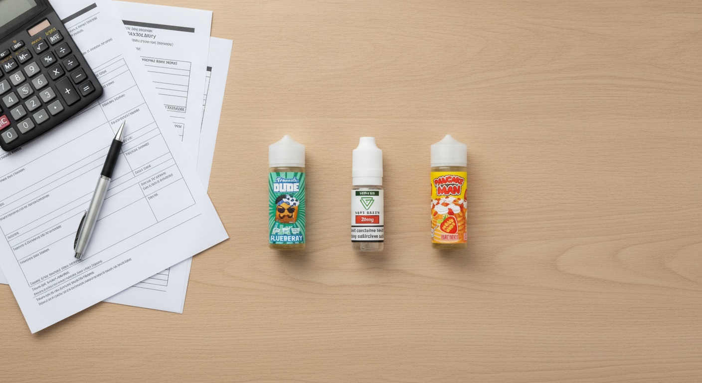 Real shortfill e-liquids and a nicotine shot beside compliance paperwork for UK vaping-product checks.