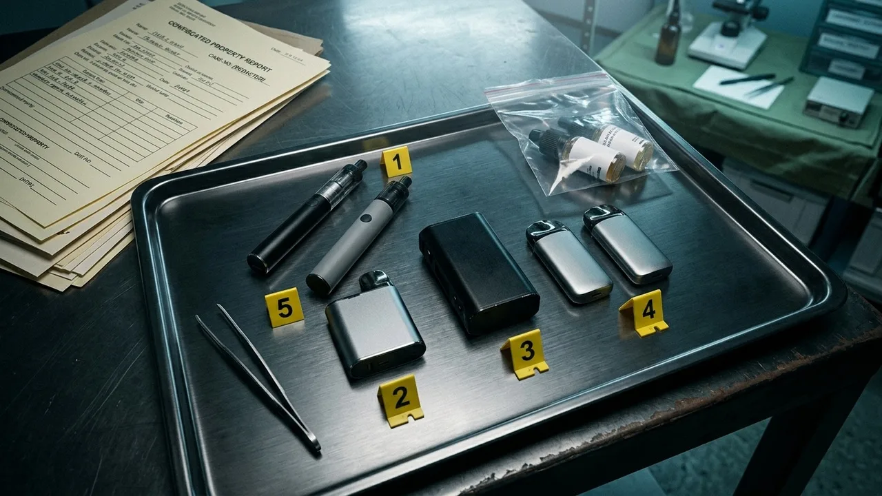Several unbranded confiscated vape devices laid out on a dark steel evidence tray under cool overhead light, small numbered evidence tags, f