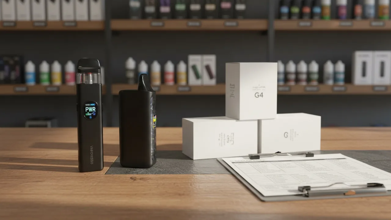 Real Vaporesso XROS 5 and Uwell Caliburn G4 refillable pod kits on a UK vape shop counter beside boxed stock and a clipboard stock sheet.