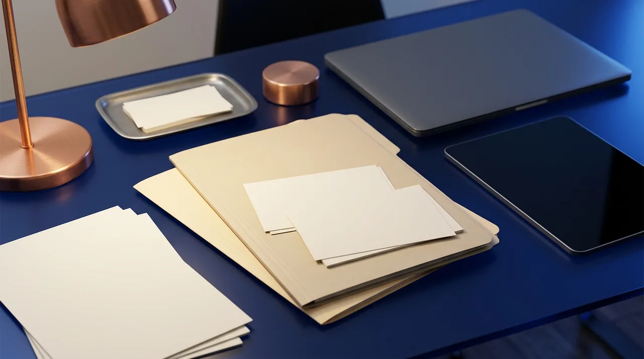 Blank evidence files and closed devices on a cobalt glass desk, representing substantiation records for chatbot stock and compatibility claims.