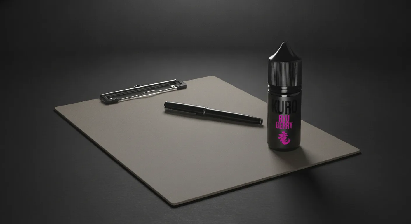 Designed editorial still-life of a Riot Labs Kuro Ryu Berry 10ml nic salt bottle beside a blank clipboard.