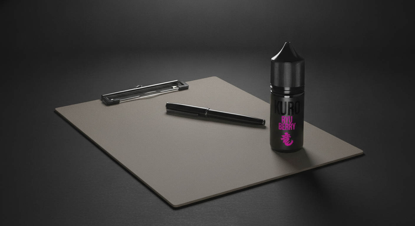 Designed editorial still-life of a Riot Labs Kuro Ryu Berry 10ml nic salt bottle beside a blank clipboard.