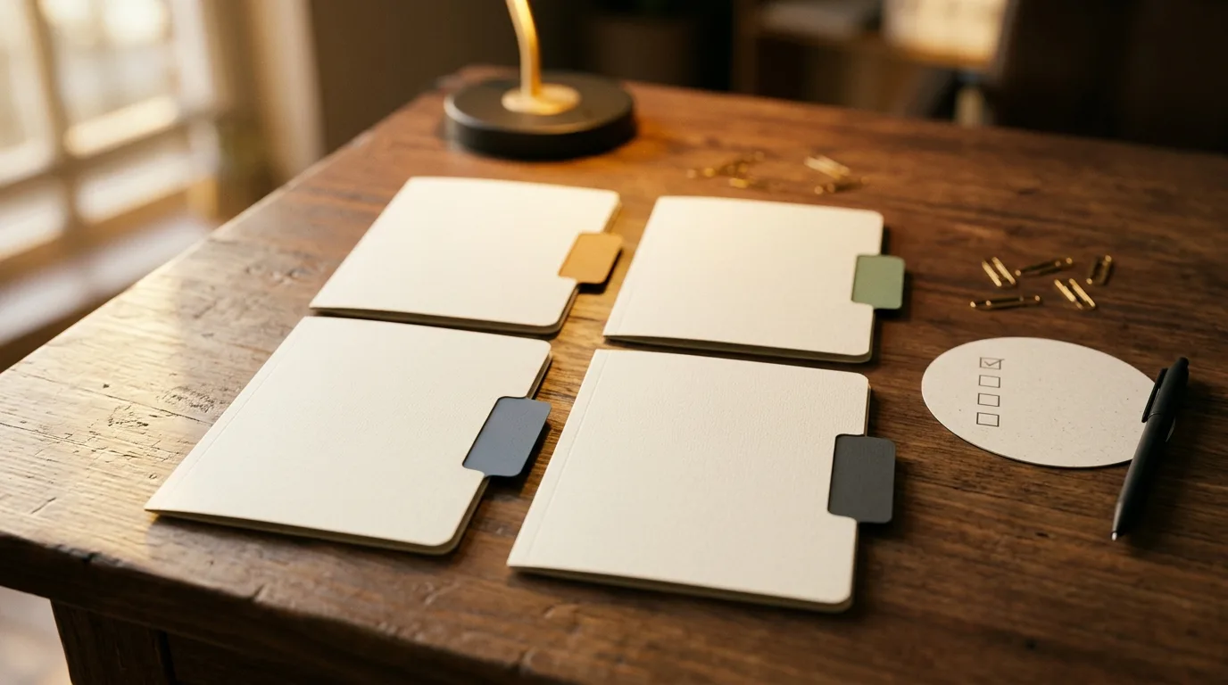Abstract four-jurisdiction compliance watchlist folders on a retail office desk.