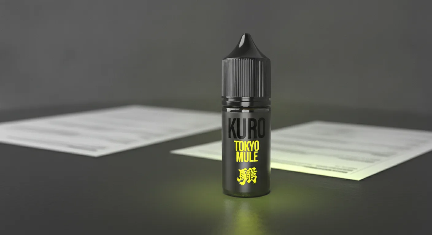 Designed editorial scene of a Riot Labs Kuro Tokyo Mule 10ml nic salt bottle on a dark desk.