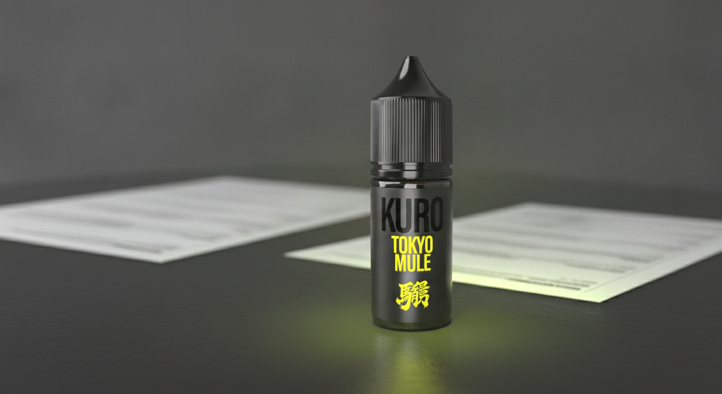 Designed editorial scene of a Riot Labs Kuro Tokyo Mule 10ml nic salt bottle on a dark desk.