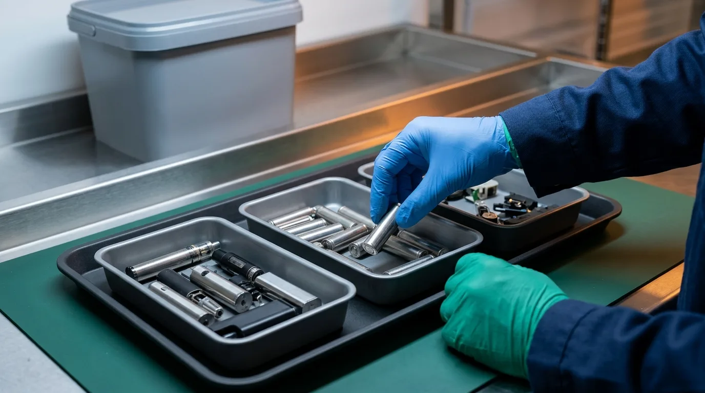 Gloved adult hands sorting vape batteries and components on a regulated waste-processing bench.
