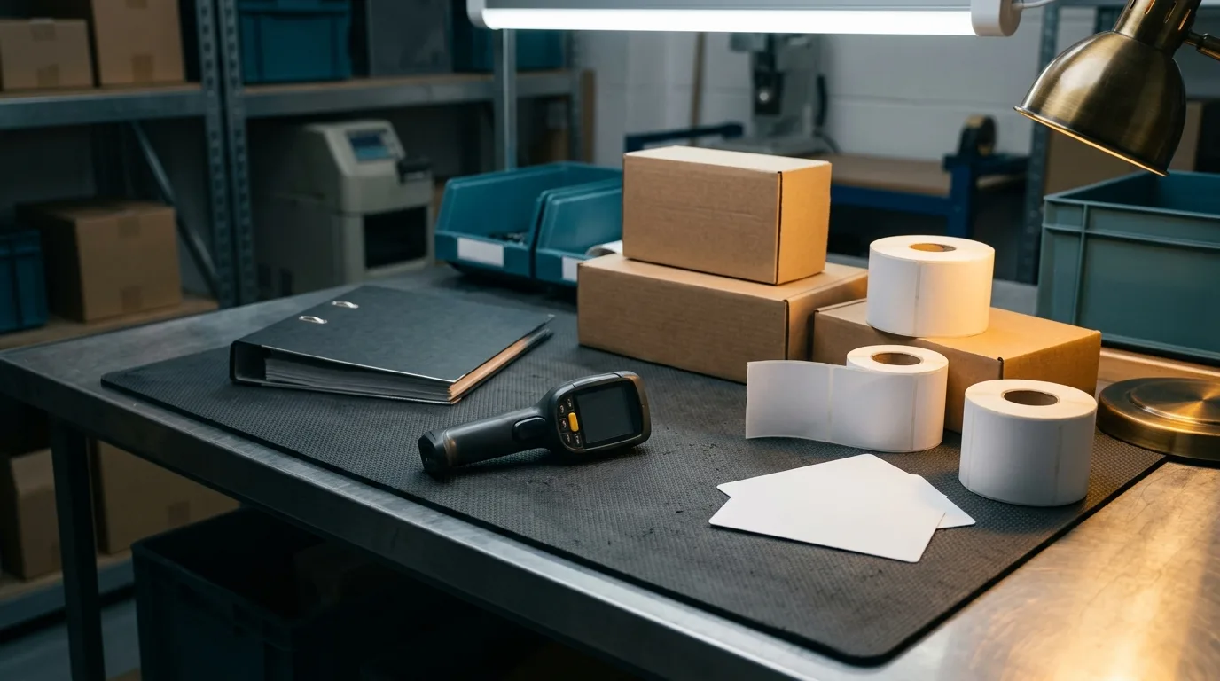 Warehouse compliance bench with blank cartons, label reels and a face-down scanner for vape duty stamp checks.