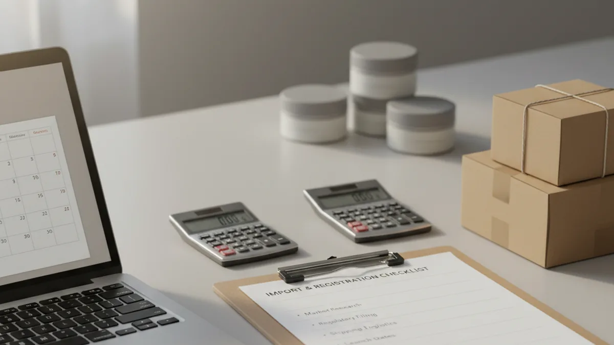 Editorial planning image for a UK nicotine pouch launch watch, showing import paperwork, a calendar, and trade planning materials on a desk.