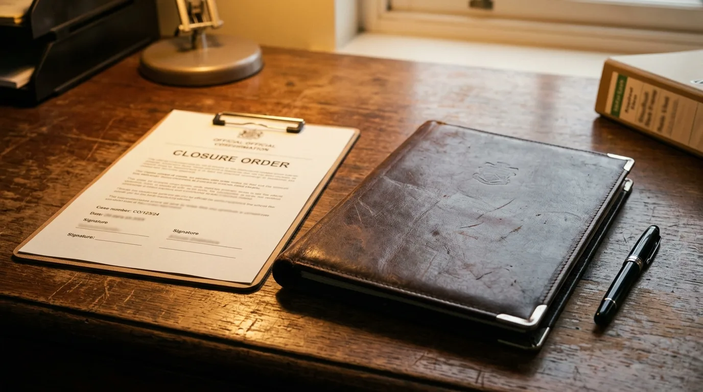 An official closure-order notice on a wooden desk beside a council officer's leather portfolio and a pen.