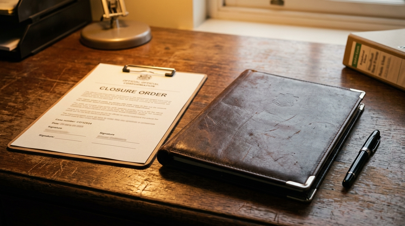 An official closure-order notice on a wooden desk beside a council officer's leather portfolio and a pen.