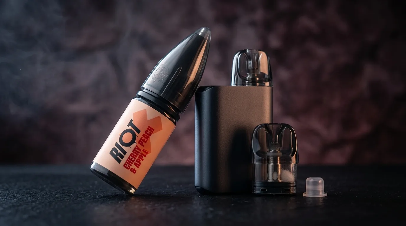 Riot X nic salt bottle with a refillable pod kit and spare pod on a dark ceramic work surface.