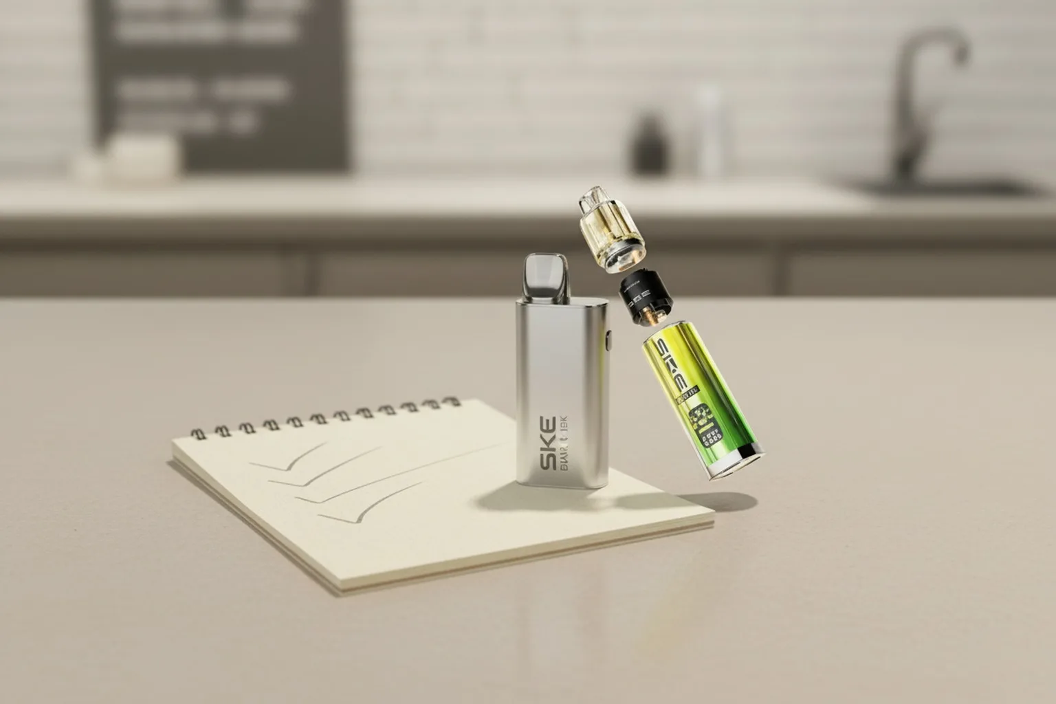 SKE BAR 15K exploded view showing the refillable pod, replaceable coil and rechargeable battery body laid out on a UK retailer's counter.