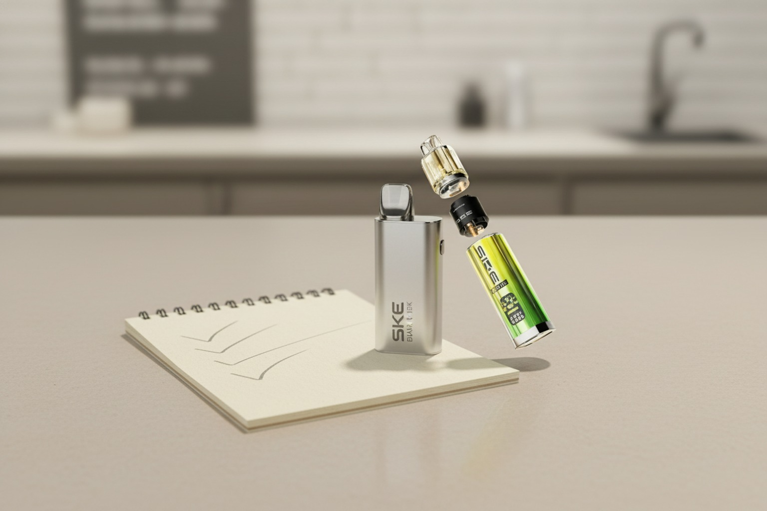 SKE BAR 15K exploded view showing the refillable pod, replaceable coil and rechargeable battery body laid out on a UK retailer's counter.
