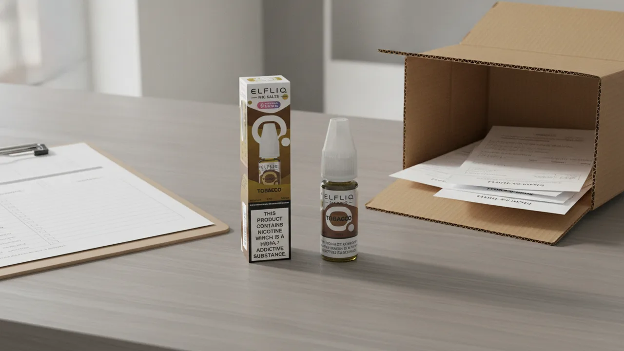 ELFLIQ nic salt e-liquid box and 10ml bottle on a vape shop intake desk beside a shipping carton and intake checklist.
