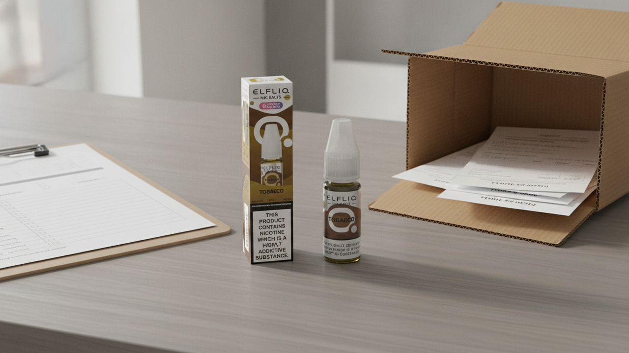 ELFLIQ nic salt e-liquid box and 10ml bottle on a vape shop intake desk beside a shipping carton and intake checklist.