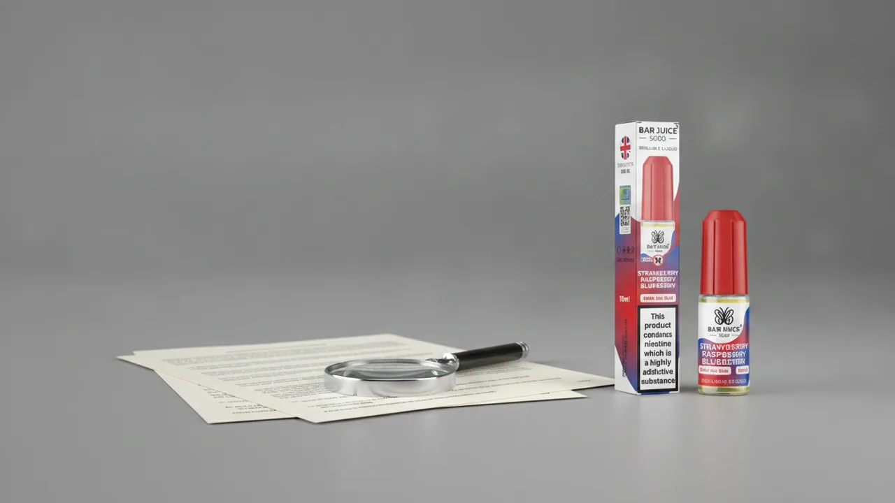 Bar Juice 5000 10ml nic salt bottle and box beside regulatory paperwork and a desk magnifier for strength and bottle-size checks.