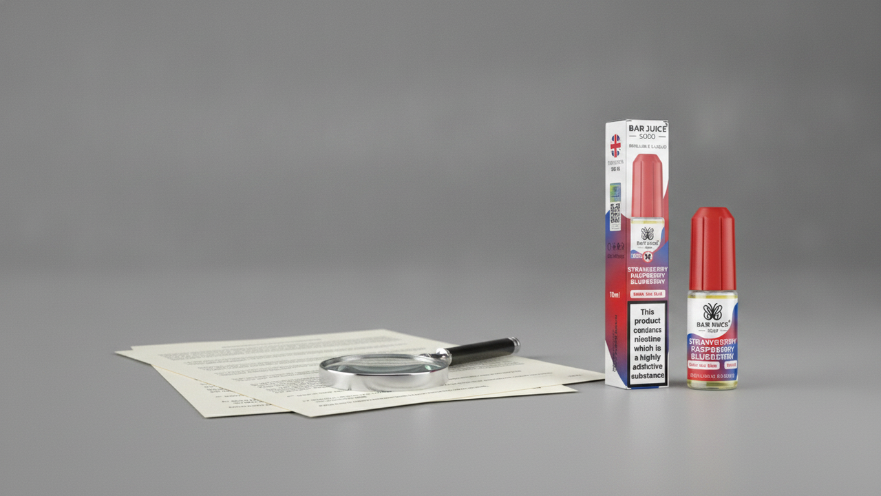 Bar Juice 5000 10ml nic salt bottle and box beside regulatory paperwork and a desk magnifier for strength and bottle-size checks.
