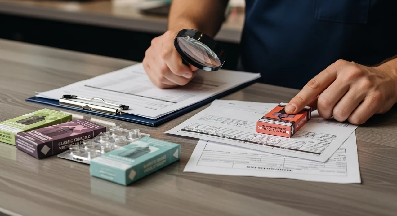 Editorial body image showing an adult retail stock-check scene with generic vape packaging, paperwork, and a magnifying glass in a vape shop.