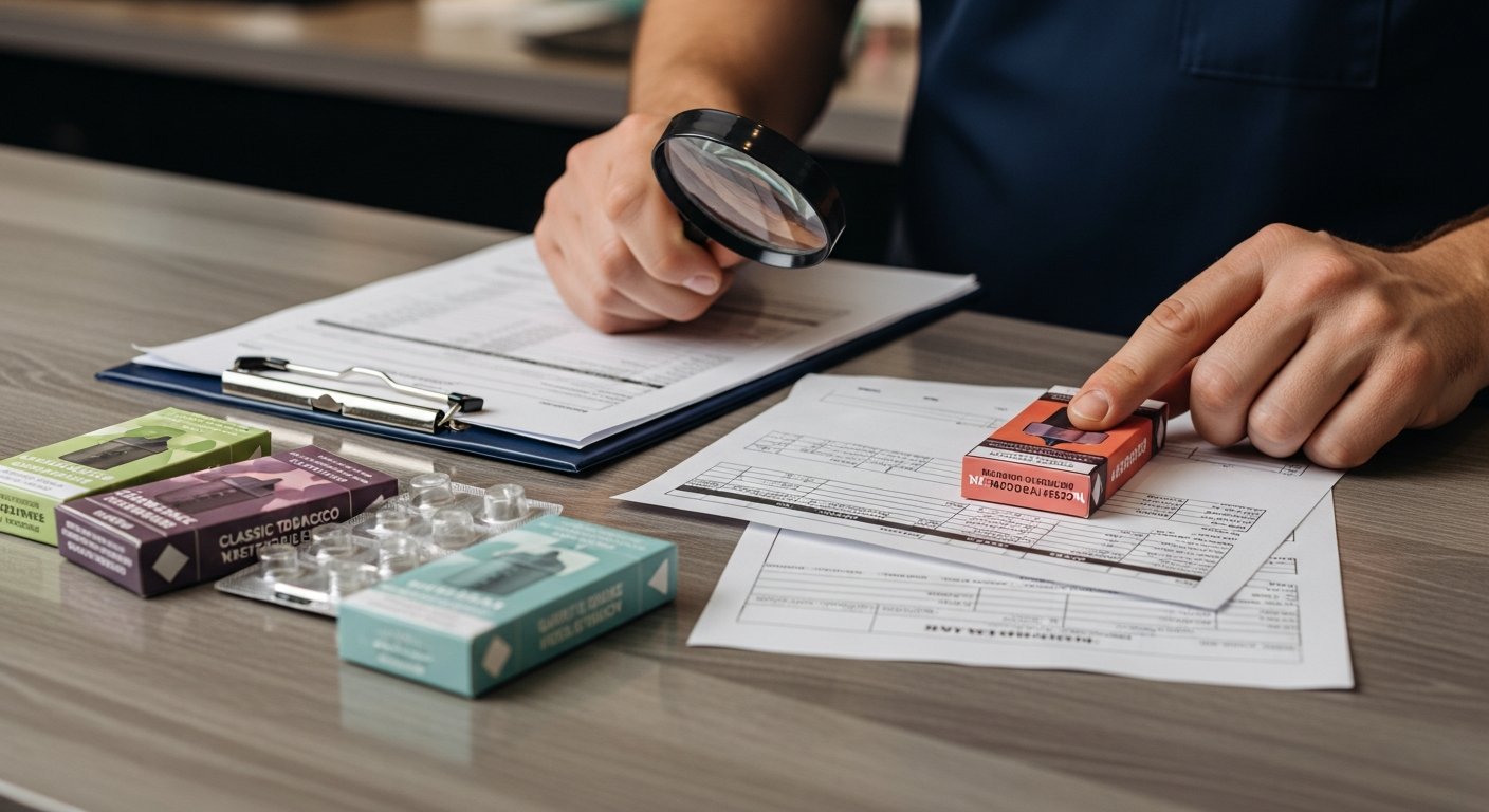 Editorial body image showing an adult retail stock-check scene with generic vape packaging, paperwork, and a magnifying glass in a vape shop.