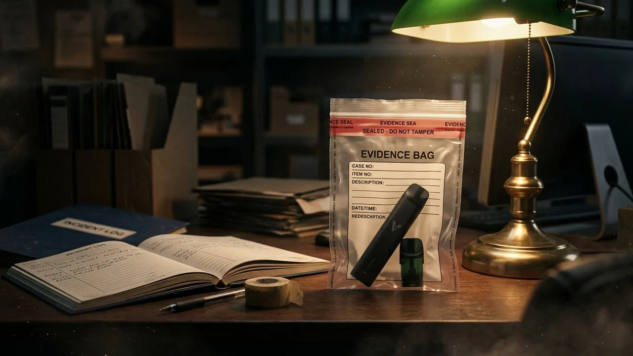 A dim retail back-office desk at night: a single sealed clear evidence bag inside the pool of a desk lamp, a closed incident logbook beside