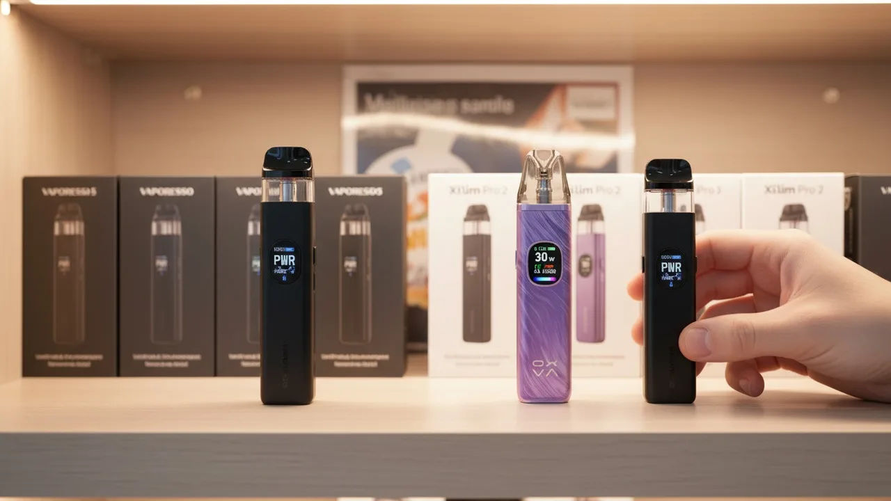 Real Vaporesso XROS 5 and OXVA Xlim Pro 2 refillable pod kits being restocked on a UK vape shop retail display shelf.