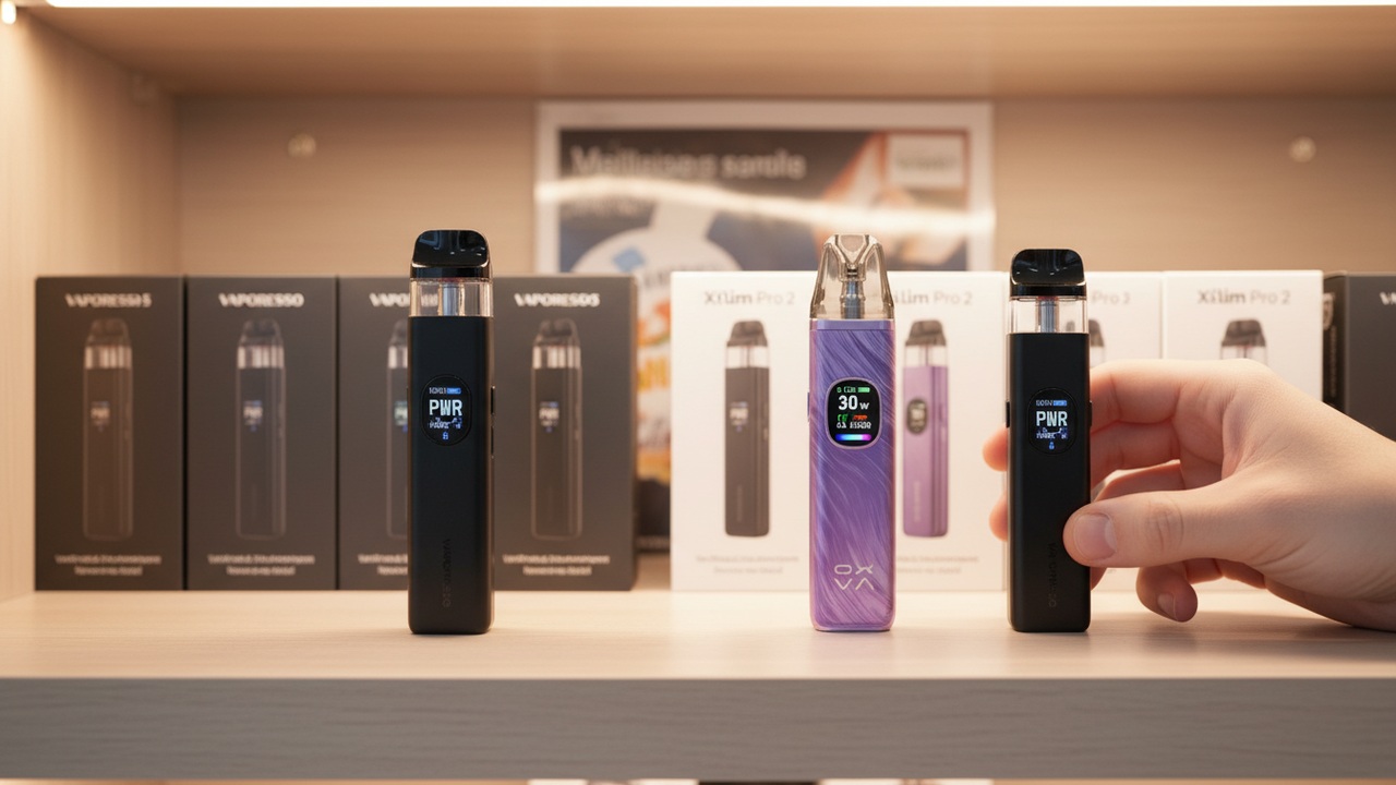 Real Vaporesso XROS 5 and OXVA Xlim Pro 2 refillable pod kits being restocked on a UK vape shop retail display shelf.