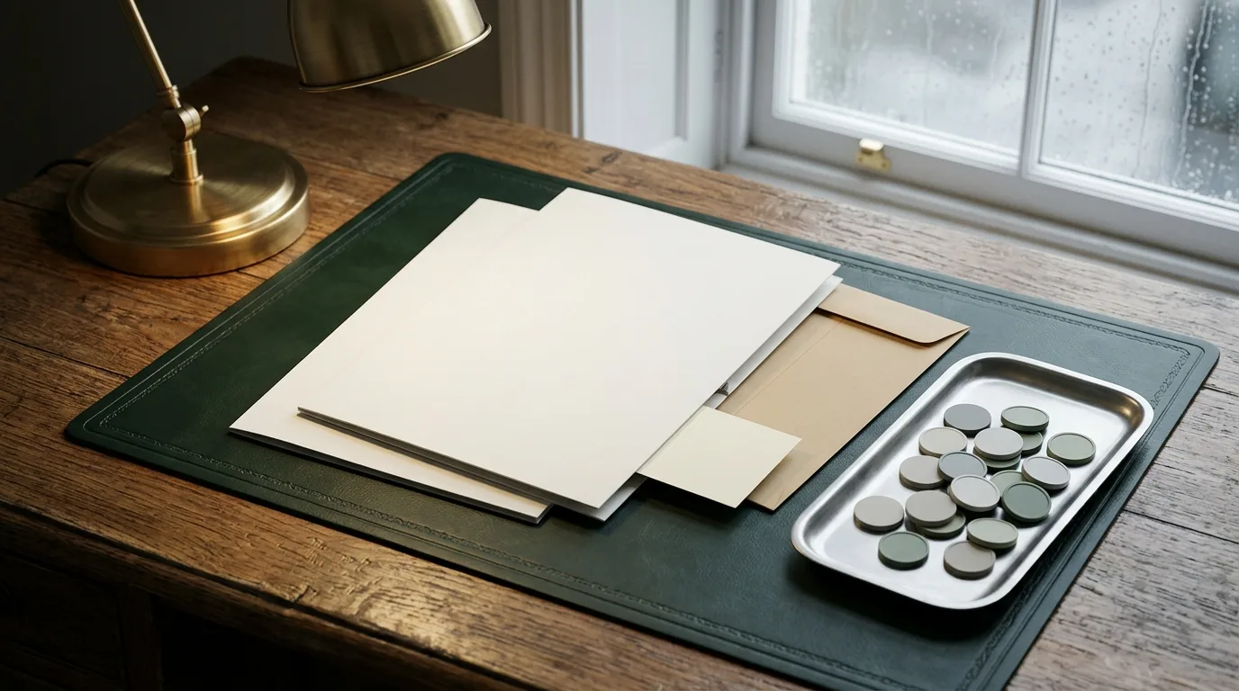Blank compliance folders and payment tokens on an adult retailer records desk.
