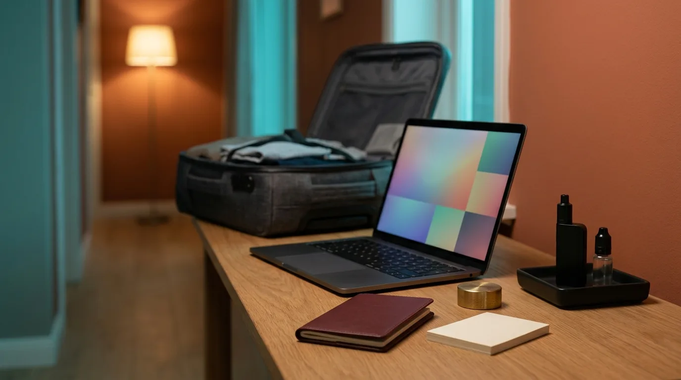 Travel planning table with laptop, suitcase and unbranded vape items set aside