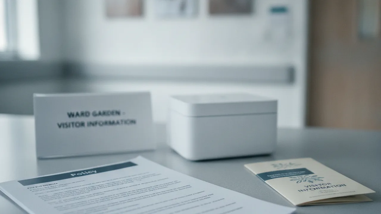Generic hospital policy paperwork, ward garden visitor information, and a closed charging storage box for NHS inpatient vape policy guidance.