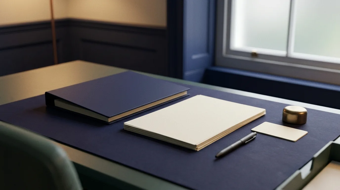 Blank compliance papers, a closed binder and desk tools arranged for factual retail product-copy checks.