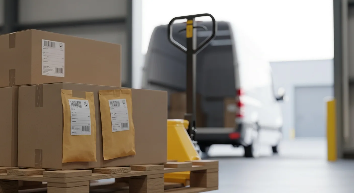 Cardboard cartons stacked on a pallet at a UK warehouse loading dock, with a delivery van visible beyond.