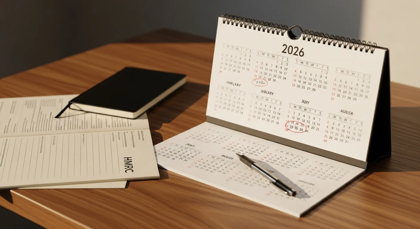 Open UK desk calendar with key 2026 dates ringed, on a vape retailer's office desk next to HMRC-style paperwork.
