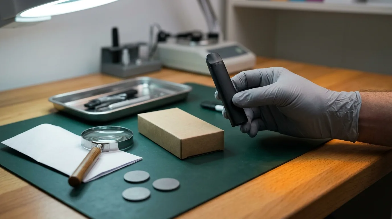 Gloved adult hand checking plain unbranded vape packaging on a compliance inspection bench.