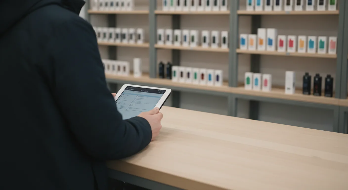 Vape shop operator reviewing a product-page copy checklist on a tablet beside plain product shelves.